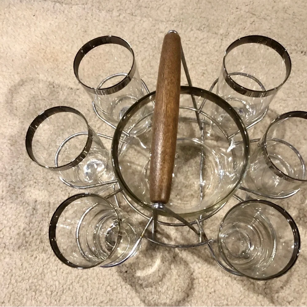 Vintage MCM Glass Dorothy Thorpe bar ware Set with Wooden Handle glasses/bucket